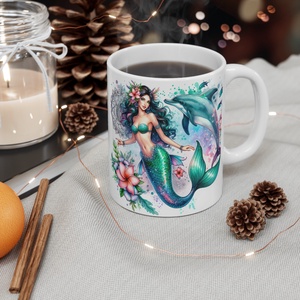 Fekete Hajú Sellős Fantasy Kerámia Bögre � Delfines Akvarell Design, Egyedi Ajándék Lányoknak - otthon & életmód - konyhafelszerelés, tálalás - tálalás - bögre & csésze - Meska.hu