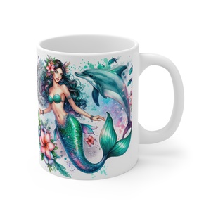 Fekete Hajú Sellős Fantasy Kerámia Bögre � Delfines Akvarell Design, Egyedi Ajándék Lányoknak - otthon & életmód - konyhafelszerelés, tálalás - tálalás - bögre & csésze - Meska.hu