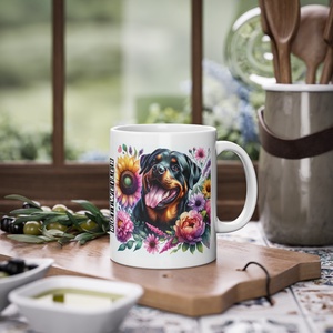 Rottweiler Virágokkal Kerámia Bögre � Élénk Akvarell Design, Kutyaimádó Ajándék - Meska.hu