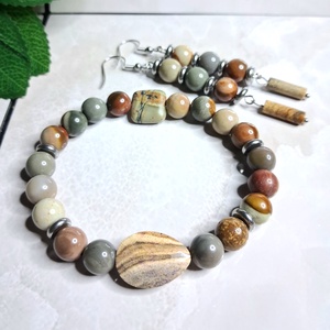 Picasso és képjáspis ékszerszett � karkötő és fülbevaló földszínekben - ékszer - ékszerszett - Meska.hu