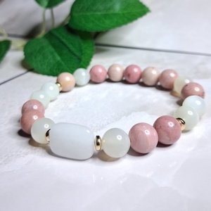 Rodonit, holdkő és fehér jáde ásvány karkötő hematit köztesekkel - ékszer - karkötő - ásványkarkötő - Meska.hu