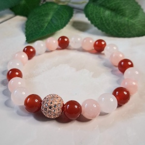 Ásvány karkötő karneollal és rózsakvarccal � cirkóniás gömb dísszel, Ékszer, Karkötő, Ásványkarkötő, , MESKA