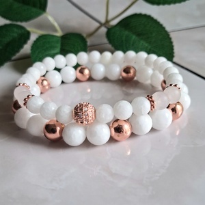 Hófehér jáde és rose gold hematit karkötő szett � elegancia és harmónia, Ékszer, Karkötő, Ásványkarkötő, , MESKA