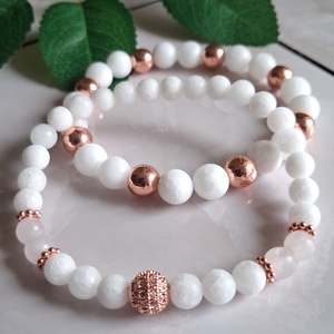 Hófehér jáde és rose gold hematit karkötő szett � elegancia és harmónia - ékszer - karkötő - ásványkarkötő - Meska.hu
