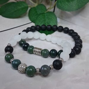 Moha achát páros karkötő fehér jádéval és lávakővel � nyugalom és földeltség - Meska.hu