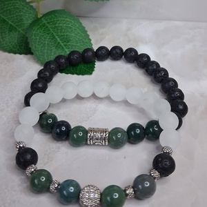 Moha achát páros karkötő fehér jádéval és lávakővel � nyugalom és földeltség - ékszer - karkötő - ásványkarkötő - Meska.hu