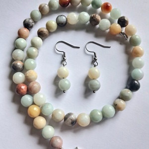 Amazonit ásvány nyaklánc (gyöngysor) szett fülbevalóval- multicolor - Meska.hu