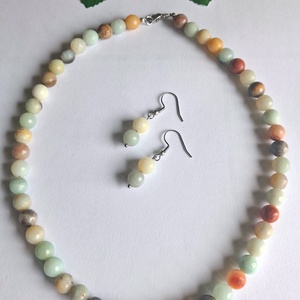 Amazonit ásvány nyaklánc (gyöngysor) szett fülbevalóval- multicolor - ékszer - ékszerszett - Meska.hu