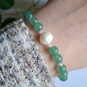 Minimal zöld aventurin ásvány és tenyésztett gyöngy karkötő, Ékszer, Karkötő, Ásványkarkötő, , MESKA