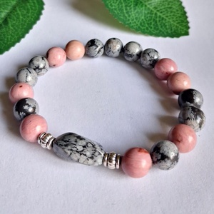 Hópehely obszidián és rodonit-tulit ásvány karkötő � kontrasztos, mégis lágy, Ékszer, Karkötő, Ásványkarkötő, , MESKA