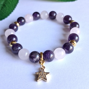 Ametiszt és rózsakvarc karkötő aranyozott hematittal, cirkóniás csillag medállal - ékszer - karkötő - ásványkarkötő - Meska.hu