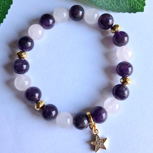 Ametiszt és rózsakvarc karkötő aranyozott hematittal, cirkóniás csillag medállal - ékszer - karkötő - ásványkarkötő - Meska.hu