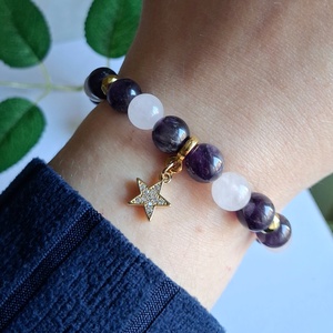 Ametiszt és rózsakvarc karkötő aranyozott hematittal, cirkóniás csillag medállal - Meska.hu