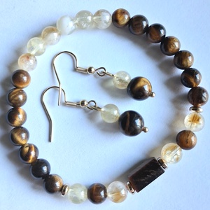 Tigrisszem és citrin ásvány karkötő és fülbevaló szett - ékszer - ékszerszett - Meska.hu