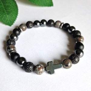 Karakteres férfi karkötő hematit kereszttel, yooperlittel, lávakővel, Ékszer, Karkötő, Ásványkarkötő, , MESKA
