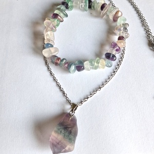 Fluorit ásvány ékszerszett- splitter karkötő, nemesacél nyaklánc nyers fluorit medállal - ékszer - ékszerszett - Meska.hu
