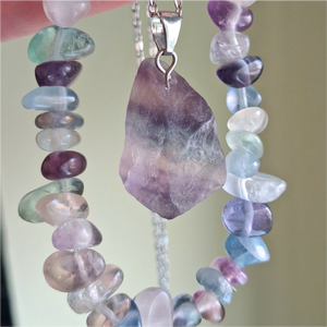 Fluorit ásvány ékszerszett- splitter karkötő, nemesacél nyaklánc nyers fluorit medállal, Ékszer, Ékszerszett, , MESKA