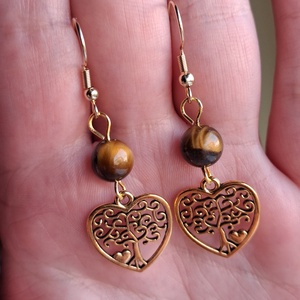 Tigrisszem ásvány fülbevaló életfa dísszel, Ékszer, Fülbevaló, Lógó fülbevaló, , MESKA