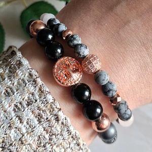 Életfás ásvány karkötő szett rose gold- hematit, ónix, rózsakvarc, hópehely obszidián - ékszer - ékszerszett - Meska.hu