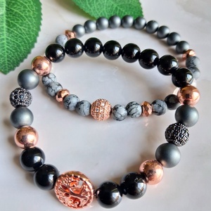 Életfás ásvány karkötő szett rose gold- hematit, ónix, rózsakvarc, hópehely obszidián, Ékszer, Ékszerszett, , MESKA
