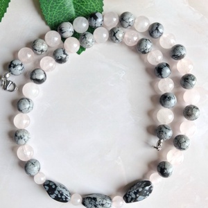 Ásvány nyaklánc- rózsakvarc és hópehely obszidián - Meska.hu