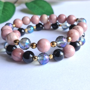 Rodonit tulit, ónix és aurakvarc ásvány karkötő szett hematittal - Meska.hu