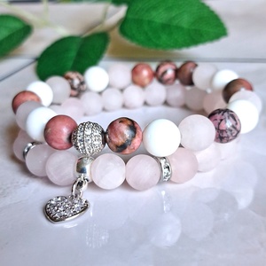 Rózsakvarc és rodonit ásvány karkötő szett � szívcsakra, szív medállal - Meska.hu