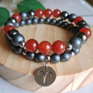 Kos ásvány karkötő szett- vörös karneol, hematit - csillagjegyes ékszer - ékszer - karkötő - ásványkarkötő - Meska.hu