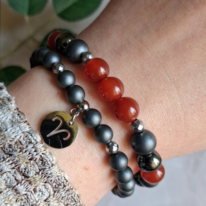 Kos ásvány karkötő szett- vörös karneol, hematit - csillagjegyes ékszer - ékszer - karkötő - ásványkarkötő - Meska.hu