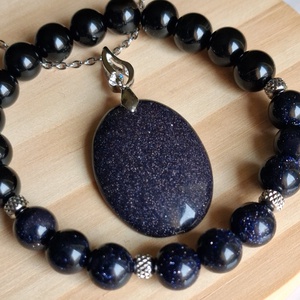 Kék goldstone ékszerszett nemesacél lánccal, ónixszal - Meska.hu