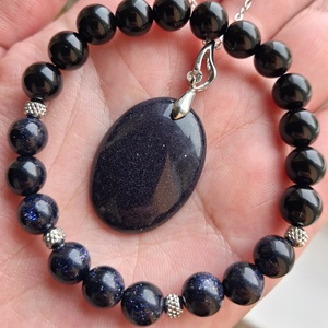 Kék goldstone ékszerszett nemesacél lánccal, ónixszal - ékszer - ékszerszett - Meska.hu