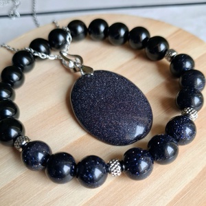 Kék goldstone ékszerszett nemesacél lánccal, ónixszal - ékszer - ékszerszett - Meska.hu