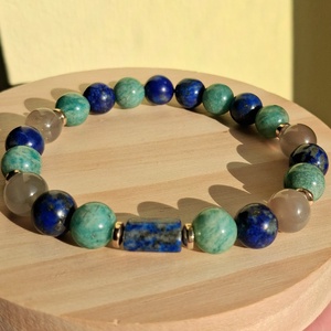 Lapis lazuli és orosz amazonit ásvány karkötő szürke holdkővel és hematittal - ékszer - karkötő - ásványkarkötő - Meska.hu