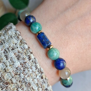 Lapis lazuli és orosz amazonit ásvány karkötő szürke holdkővel és hematittal - ékszer - karkötő - ásványkarkötő - Meska.hu