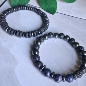 Férfi ásvány karkötő szett szodalittal, lávakővel és hematittal - ékszer - karkötő - ásványkarkötő - Meska.hu