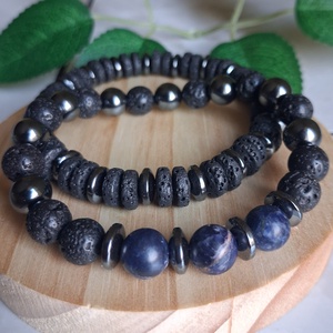 Férfi ásvány karkötő szett szodalittal, lávakővel és hematittal - Meska.hu