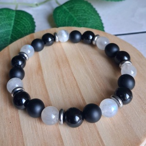 Fekete turmalin, labradorit és ónix ásvány karkötő- védelmező kövek - Meska.hu