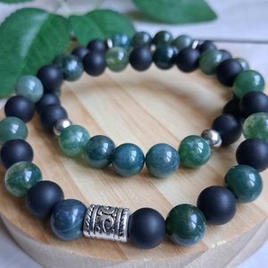 Férfi karkötő szett � moha achát és matt ónix - 2 db-os ásvány karkötő, Ékszer, Karkötő, Ásványkarkötő, , MESKA