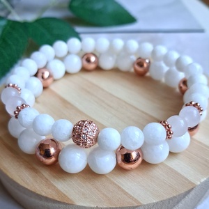 Hófehér jáde és rose gold hematit karkötő szett � elegancia és harmónia, Ékszer, Karkötő, Ásványkarkötő, , MESKA