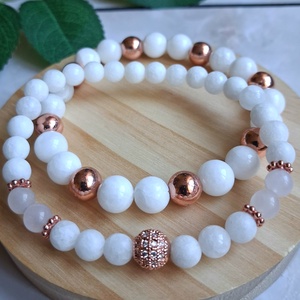 Hófehér jáde és rose gold hematit karkötő szett � elegancia és harmónia - ékszer - karkötő - ásványkarkötő - Meska.hu