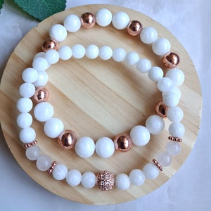 Hófehér jáde és rose gold hematit karkötő szett � elegancia és harmónia - ékszer - karkötő - ásványkarkötő - Meska.hu