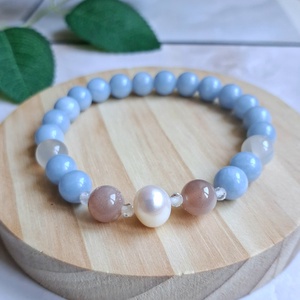 Angelit és holdkő ásvány karkötő tenyésztett gyönggyel, Ékszer, Karkötő, Ásványkarkötő, , MESKA