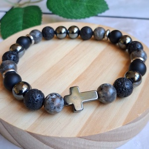 Karakteres férfi karkötő hematit kereszttel, yooperlittel, lávakővel, Ékszer, Karkötő, Ásványkarkötő, , MESKA