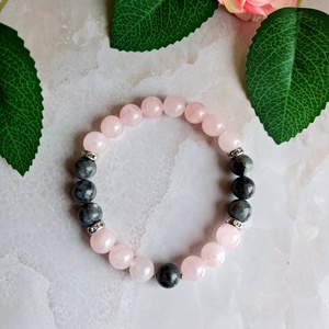 Larvikit és rózsakvarc ásvány karkötő nemesacéllal - ékszer - karkötő - ásványkarkötő - Meska.hu