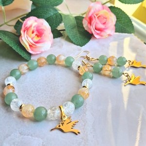 Zöld aventurin és citrin ásvány karkötő és fülbevaló szett kolibri dísszel - szerencse, bőség - ékszer - ékszerszett - Meska.hu