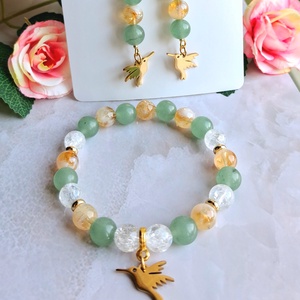 Zöld aventurin és citrin ásvány karkötő és fülbevaló szett kolibri dísszel - szerencse, bőség - ékszer - ékszerszett - Meska.hu