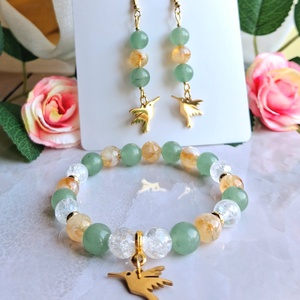 Zöld aventurin és citrin ásvány karkötő és fülbevaló szett kolibri dísszel - szerencse, bőség - ékszer - ékszerszett - Meska.hu