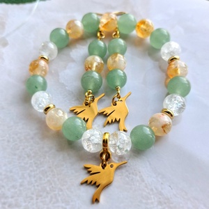 Zöld aventurin és citrin ásvány karkötő és fülbevaló szett kolibri dísszel - szerencse, bőség - ékszer - ékszerszett - Meska.hu