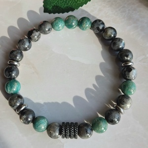 Lavikit és amazonit férfi ásvány karkötő nemesacél kiegészítőkkel - ékszer - karkötő - ásványkarkötő - Meska.hu