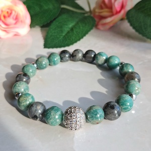 Larvikit és amazonit női ásvány karkötő cirkóniás gömbbel és hematittal - Meska.hu